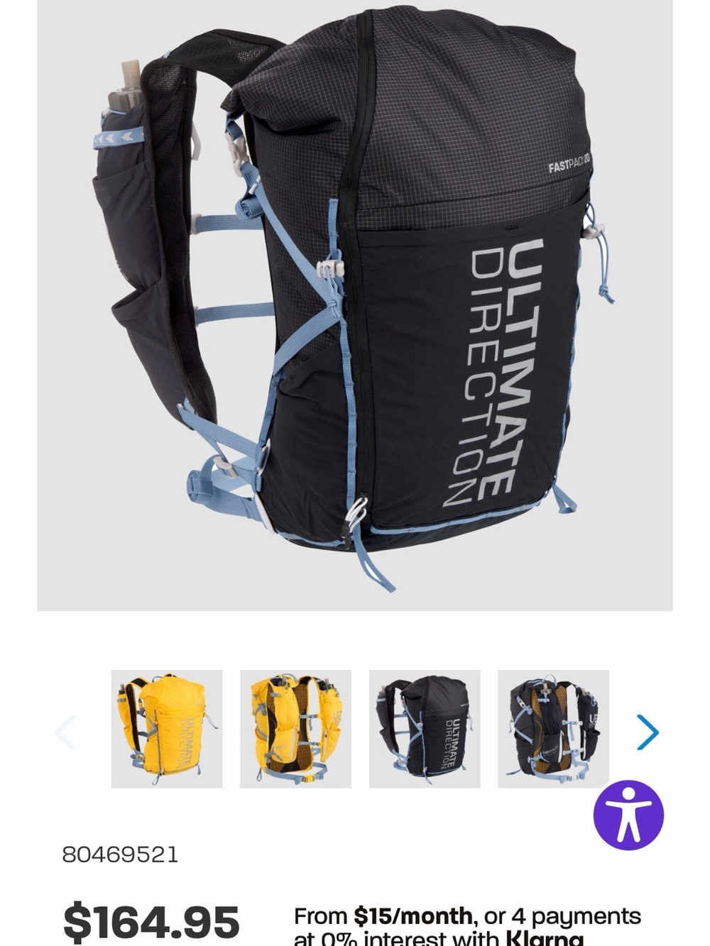 Ultimate Direction Black & Light Blue Trail Running Backpack 20L size S/M